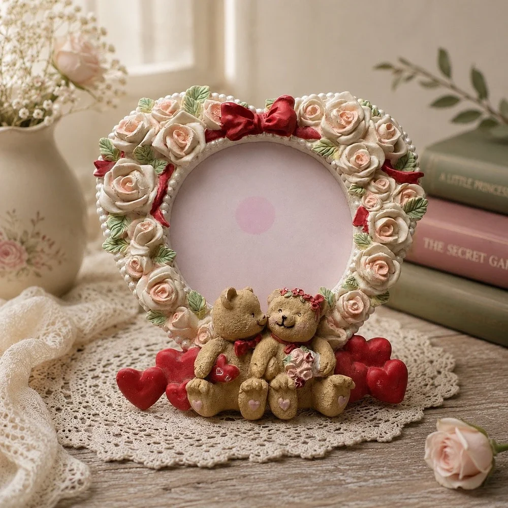 Vintage Teddy Bear Heart Rose Picture Frame Resin 3D Valentine Anniversary 6.5